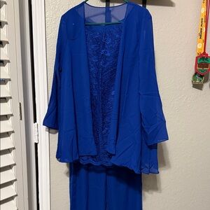 Women's Three-Piece Royal Blue Pant Set with Sheer Open Jacket